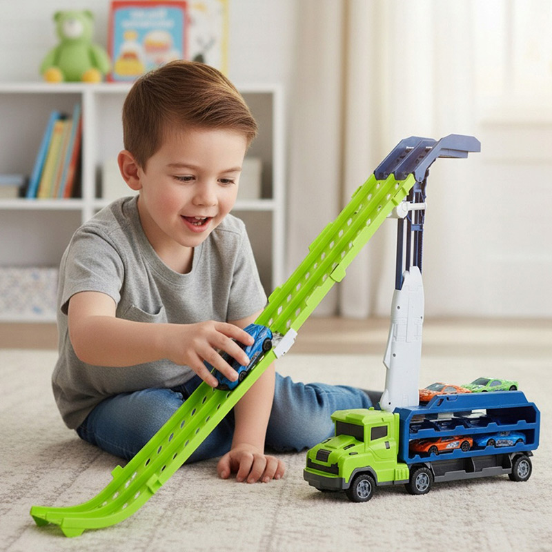 Ťahač TIR so sklznou dráhou a parkovaním + 6 autíčok
