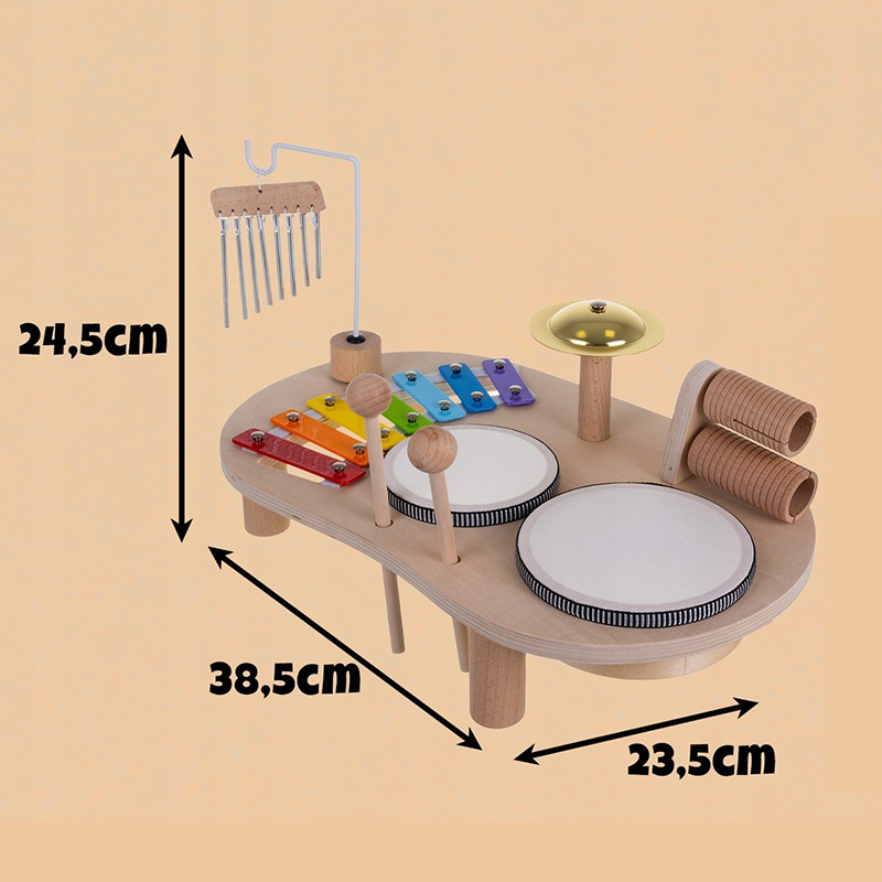 Hudobný Montessori stolík – senzorická hračka s bubnami, cimbalom a perkusiami