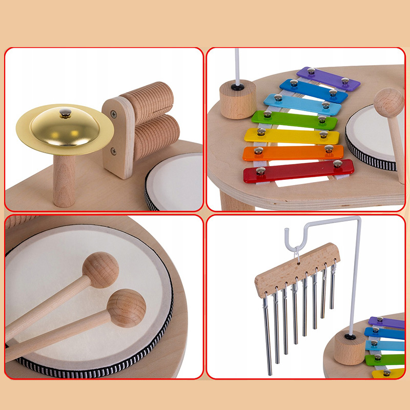 Hudobný Montessori stolík – senzorická hračka s bubnami, cimbalom a perkusiami