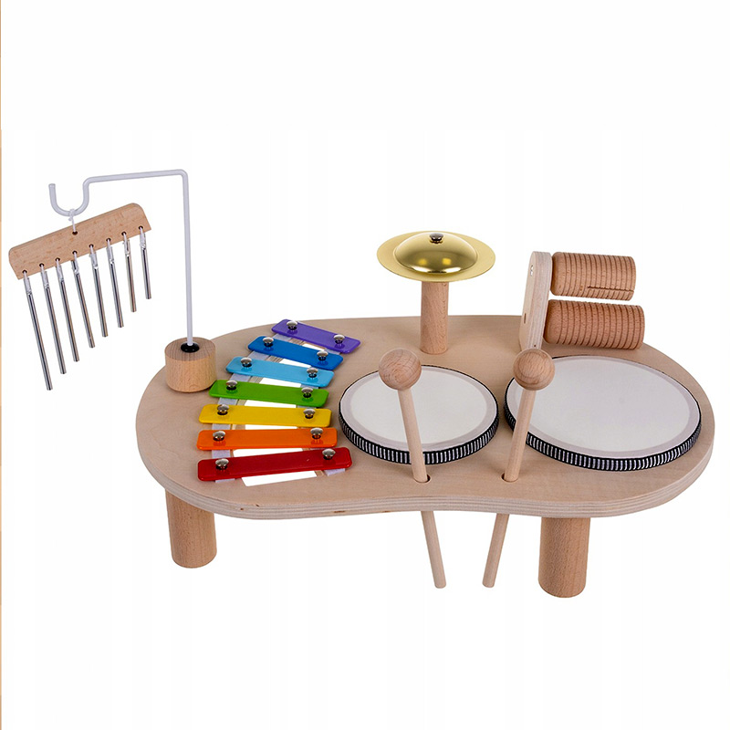 Hudobný Montessori stolík – senzorická hračka s bubnami, cimbalom a perkusiami