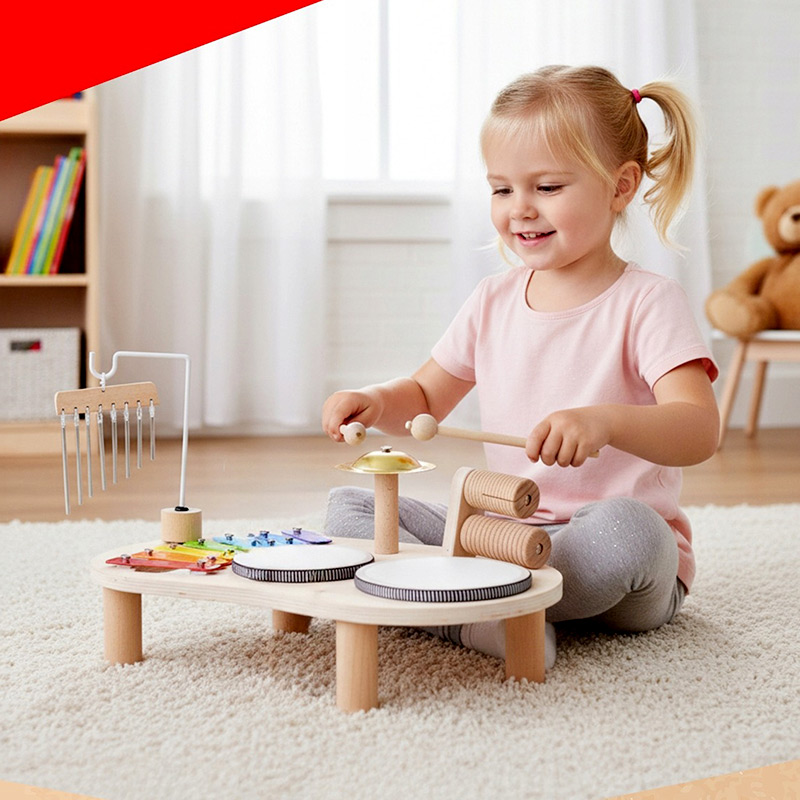 Hudobný Montessori stolík – senzorická hračka s bubnami, cimbalom a perkusiami