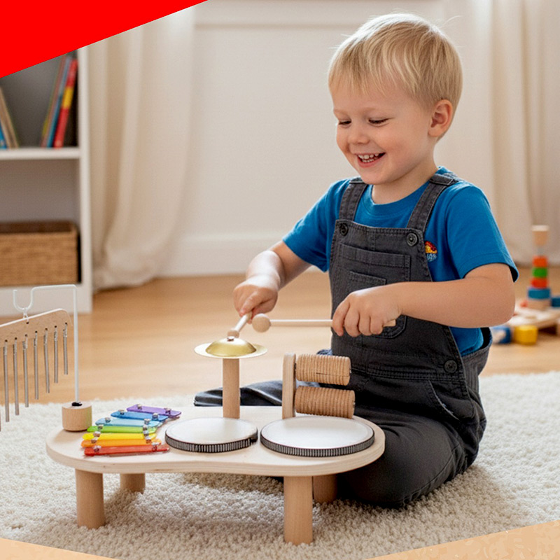 Hudobný Montessori stolík – senzorická hračka s bubnami, cimbalom a perkusiami