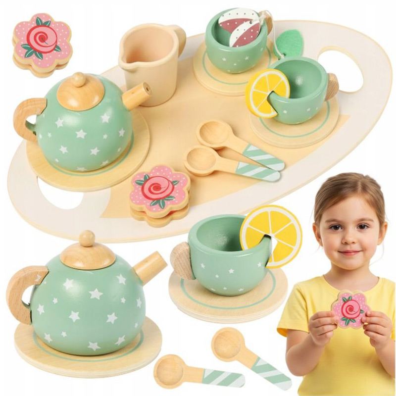 Drevená čajová súprava pre deti - zelená alebo sivá (15 prvkov)