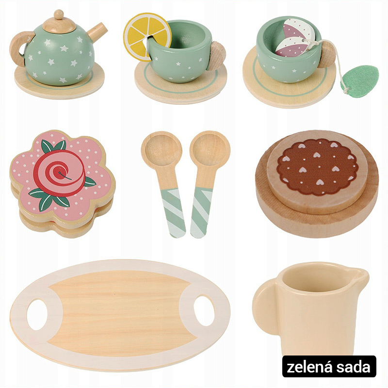 Drevená čajová súprava pre deti - zelená alebo sivá (15 prvkov)