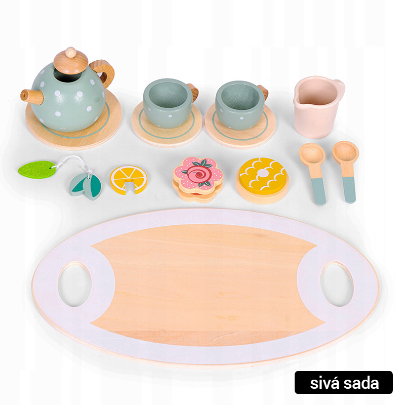 Drevená čajová súprava pre deti - zelená alebo sivá (15 prvkov)