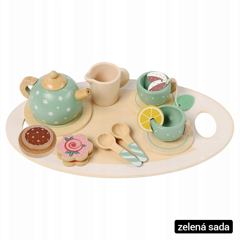 Drevená čajová súprava pre deti - zelená alebo sivá (15 prvkov)