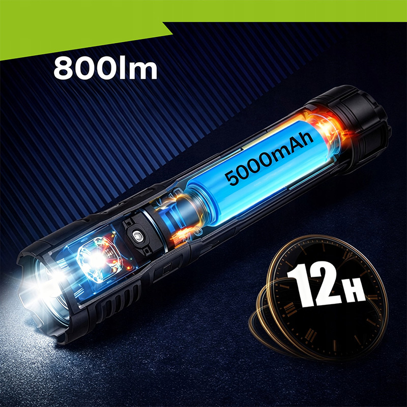 Výkonná LED baterka 800 lm - zoom, vodeodolná, 5000 mAh powerbanka